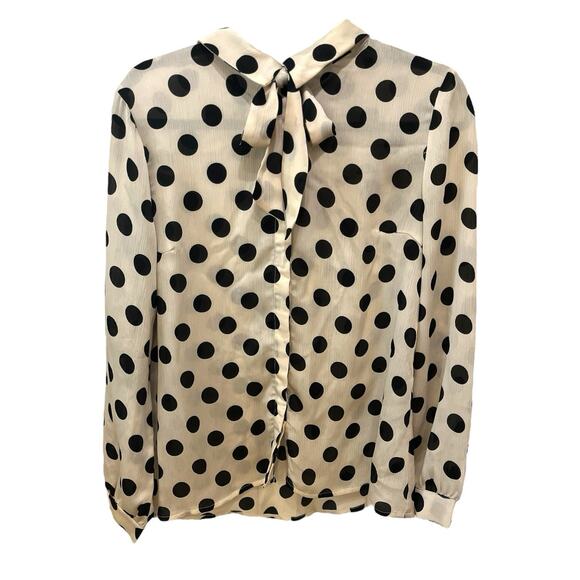 Retro 80s Bow Tie Cream Black Polka Dot Blouse Size Medium Modern Pin Up - Picture 1 of 7